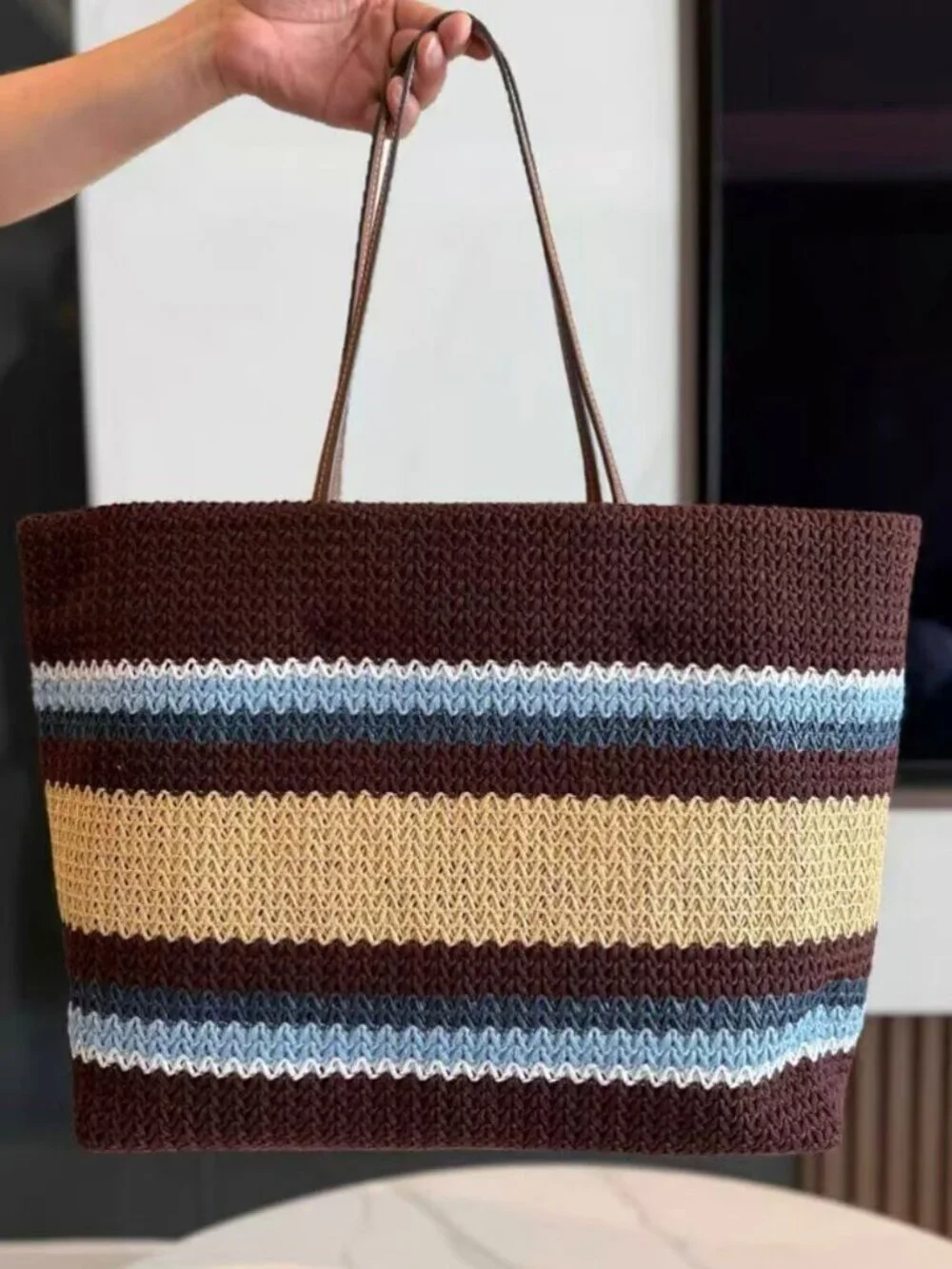 Miu Miu Striped Woven Raffia Tote Bag